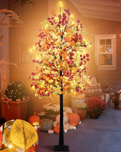 Agusbagli 7FT 128LED Artificial Lighted Fall Eucalyptus Tree, Fall Decorations for Home with Timer Dimmable 8 Modes Fall Light Up Tree with 768 Leaves for Indoor Outdoor Autumn Thanksgiving Decor | Amazon (US)