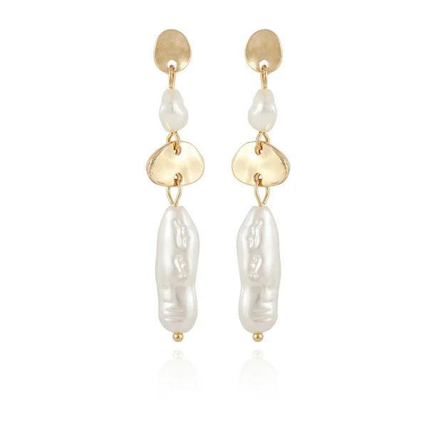 Time and Tru Women's Fashion Imitation Gold Linear Imitation Pearl Drop Earrings | Walmart (US)
