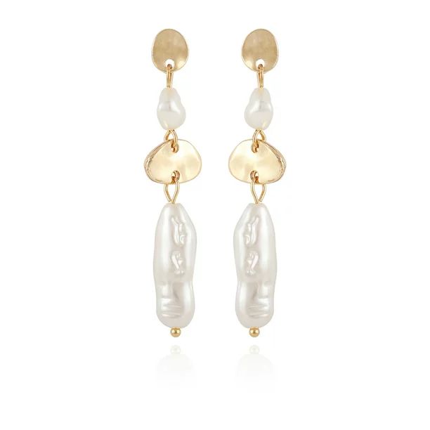 Time and Tru Women's Fashion Imitation Gold Linear Imitation Pearl Drop Earrings | Walmart (US)