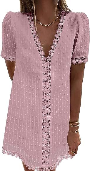 Jiuhexuj Womens Summer Casual Short Sleeve V Neck Swiss Dot Lace Shift Dress | Amazon (CA)
