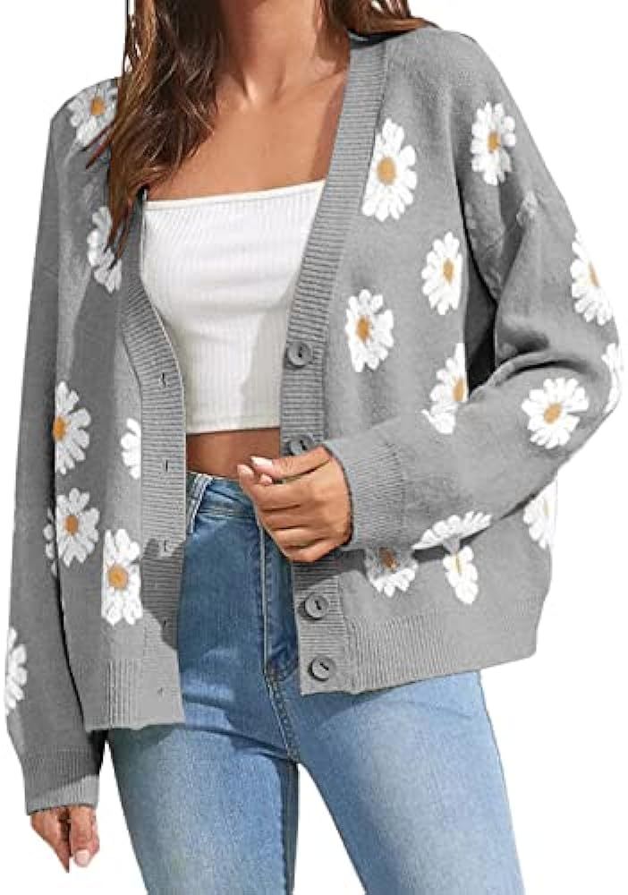 Women's Floral Print Cardigan Long Sleeve Open Front Button Down V Neck Knitted Sweaters | Amazon (US)