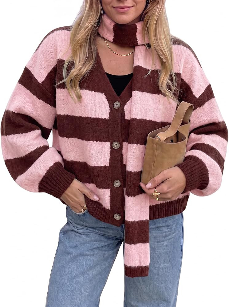 Tankaneo Cardigan Sweaters for Women Oversized Striped Cardigans with Scarf | Amazon (US)