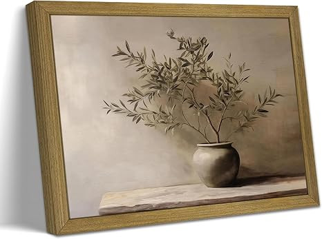 Wood Framed Olive Tree Canvas Wall Art, Minimalist Botanical Plant Vase Painting, Rustic Farmhous... | Amazon (US)