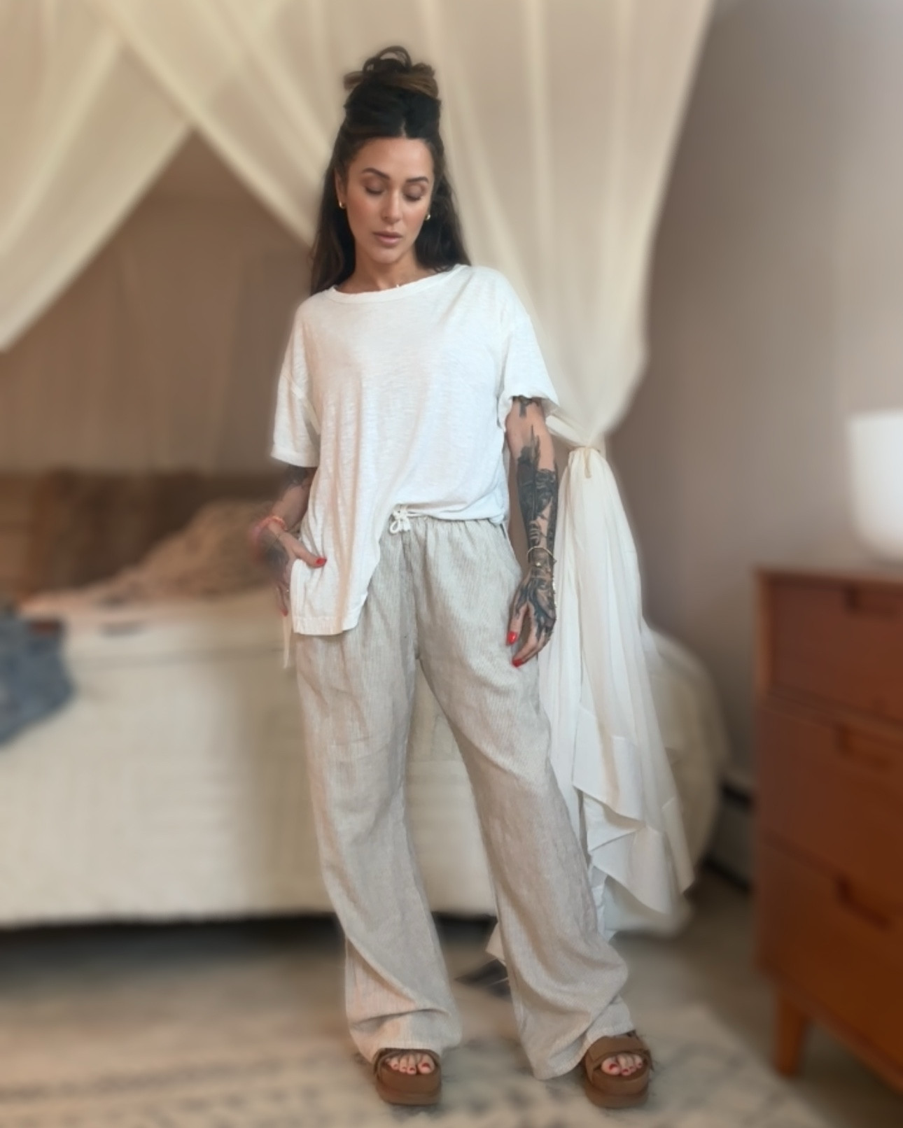 John Galt Blue & White Striped Anastasia Tie Sweatpants | The Blue & White Striped Anastasia Tie Sweatpants from John Galt combine comfort and style with their fun striped print. Featuring a low-rise fit, a drawstring waistband for a customizable look, side hand pockets, and wide-leg openings, these relaxed-fit sweatpants are perfect for lounging or casual outings.

10.5" rise
29" inseam
20" leg opening
Striped print pants
Low-rise
Drawstring waistband
Side hand pockets
Wide leg openings
Relaxed fit
70% cotton, 30% linen
Machine washable
Fits size 23" - 25" waist
One size fits most
Model measurements: 5’5” height, 30” bust, 24” waist, 31” hip

#LTKStyleTip #LTKOver40 #LTKSummerEdit