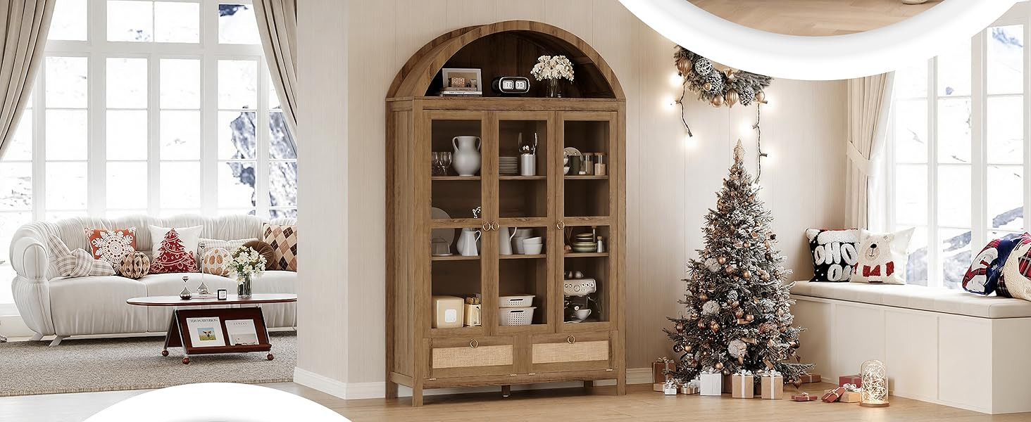 TYBOATLE 75'' Arched Cabinet Classic Farmhouse Design w/Three Glass Doors, Arch Cabinet w/Rattan ... | Amazon (US)
