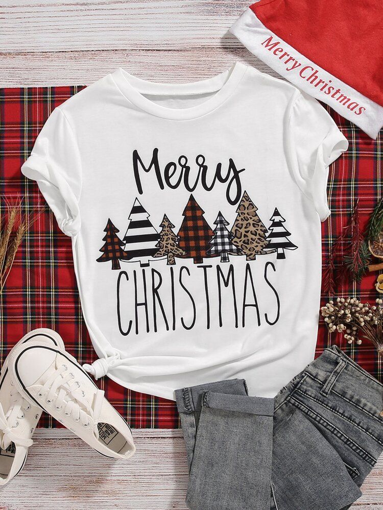Plus Christmas Trees And Slogan Graphic Tee | SHEIN