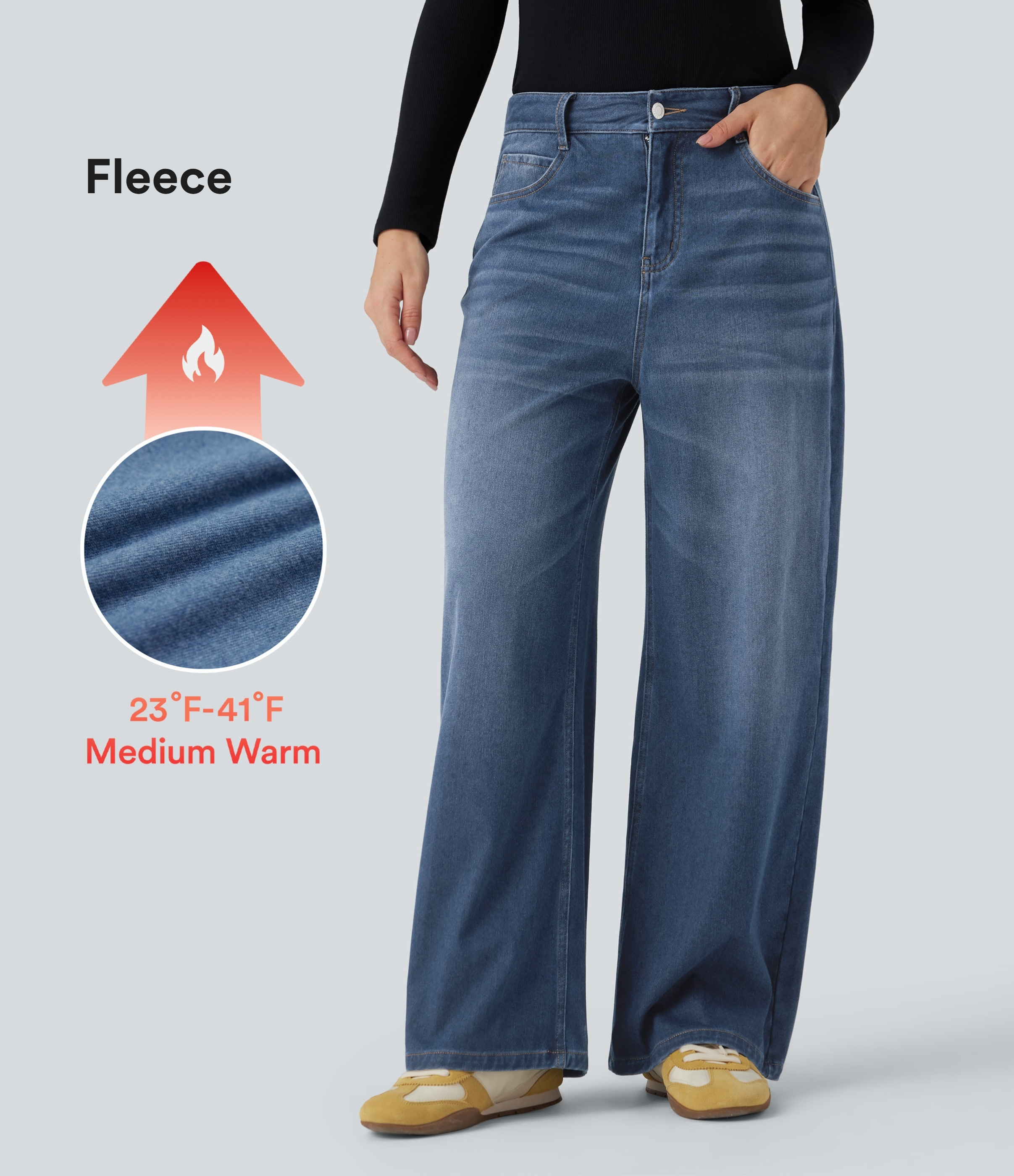 Halara Halara Flex™ Mid Rise Wide Leg Fleece Casual Jeans with Pockets - Tide Blue Denim - XL(regular) | HALARA