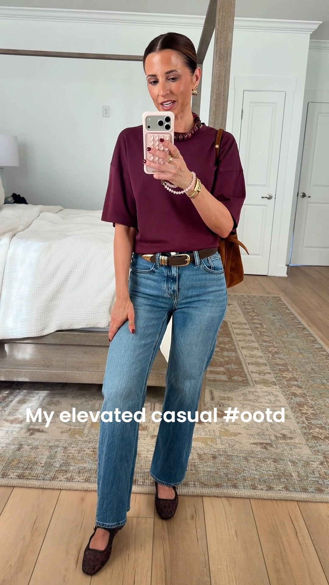My elevated casual ootd here! Fall outfit. Everyday outfit. Mom outfit. Casual outfit. I love this straight leg jeans in 24 short. Aritzia Barclays cinched t-shirt in 2XS. Target belt in XS. Leopard mesh ballet flats are TTS. Suede bucket bag.

#LTKootd #LTKSeasonal #LTKgrwm