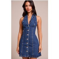 Petite Mid Blue Wash Button Up Lapel Detail Denim Mini Dress | PrettyLittleThing US