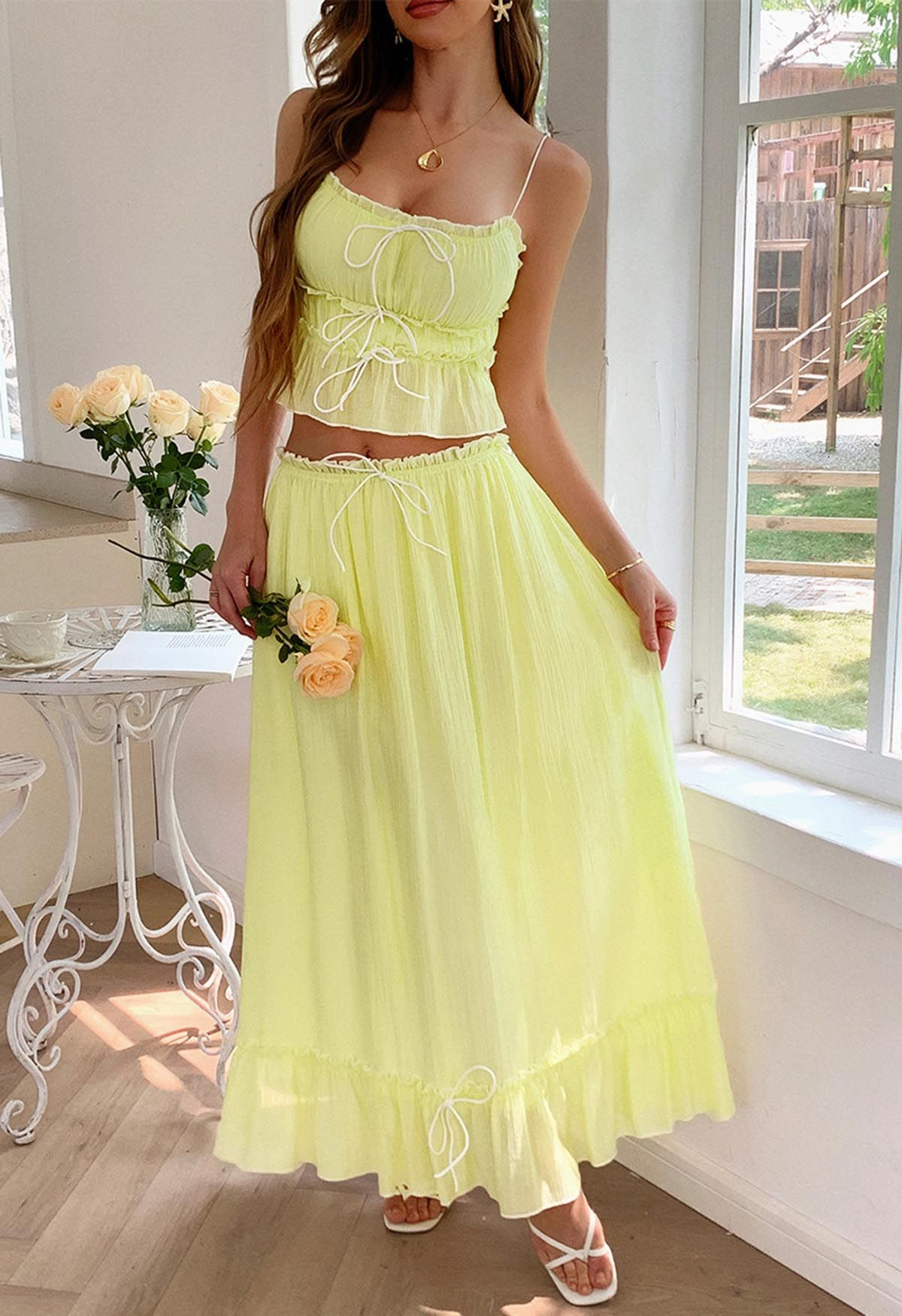 Contrast Bowknot Ruffle Cami Top and Skirt Set in Yellow | Chicwish