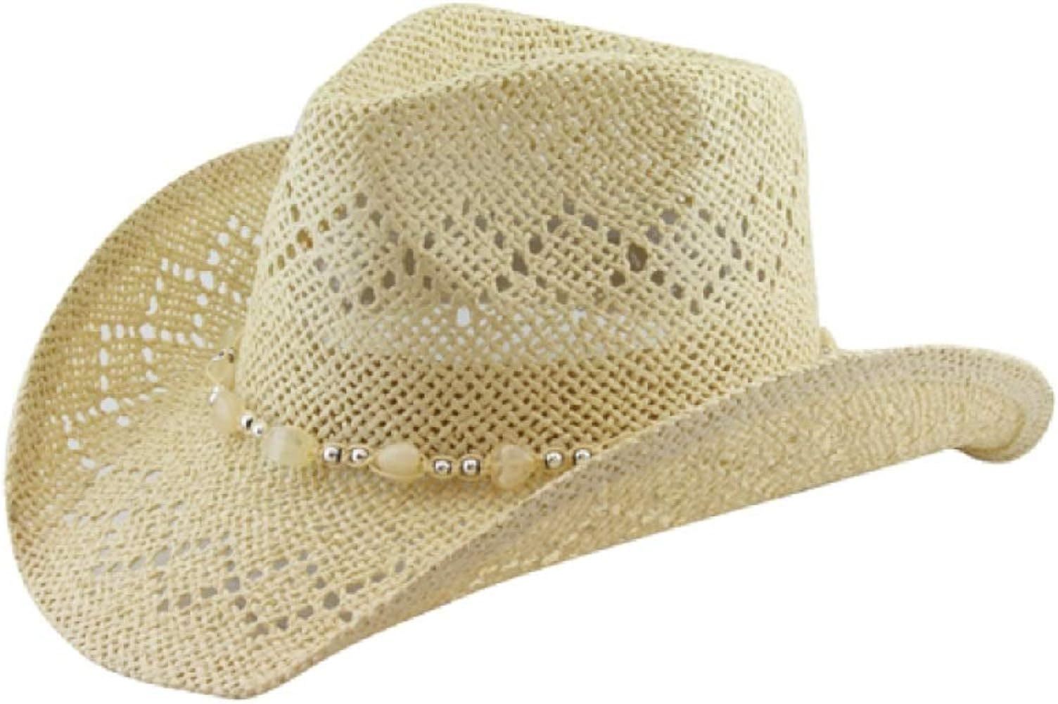 Vamuss Straw Cowboy Hat for Women with Beaded Trim and Shapeable Brim, Light Natural, One Size Cr... | Amazon (US)