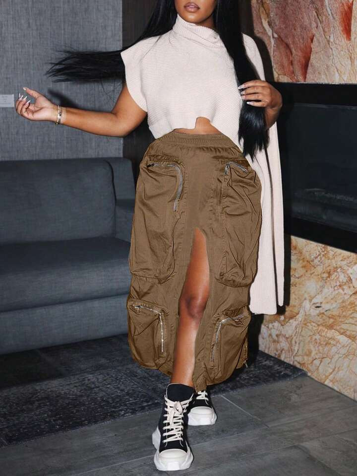 Zipper Pocket Split Thigh Cargo Skirt | SHEIN