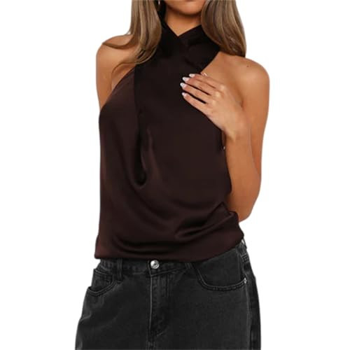 Women Satin Halter Tank Tops Sleeveless Open Back Wrap up Tie up Cami Top Cute Summer Shirt Y2k Going Out Tops (Coffee, L) | Amazon (US)