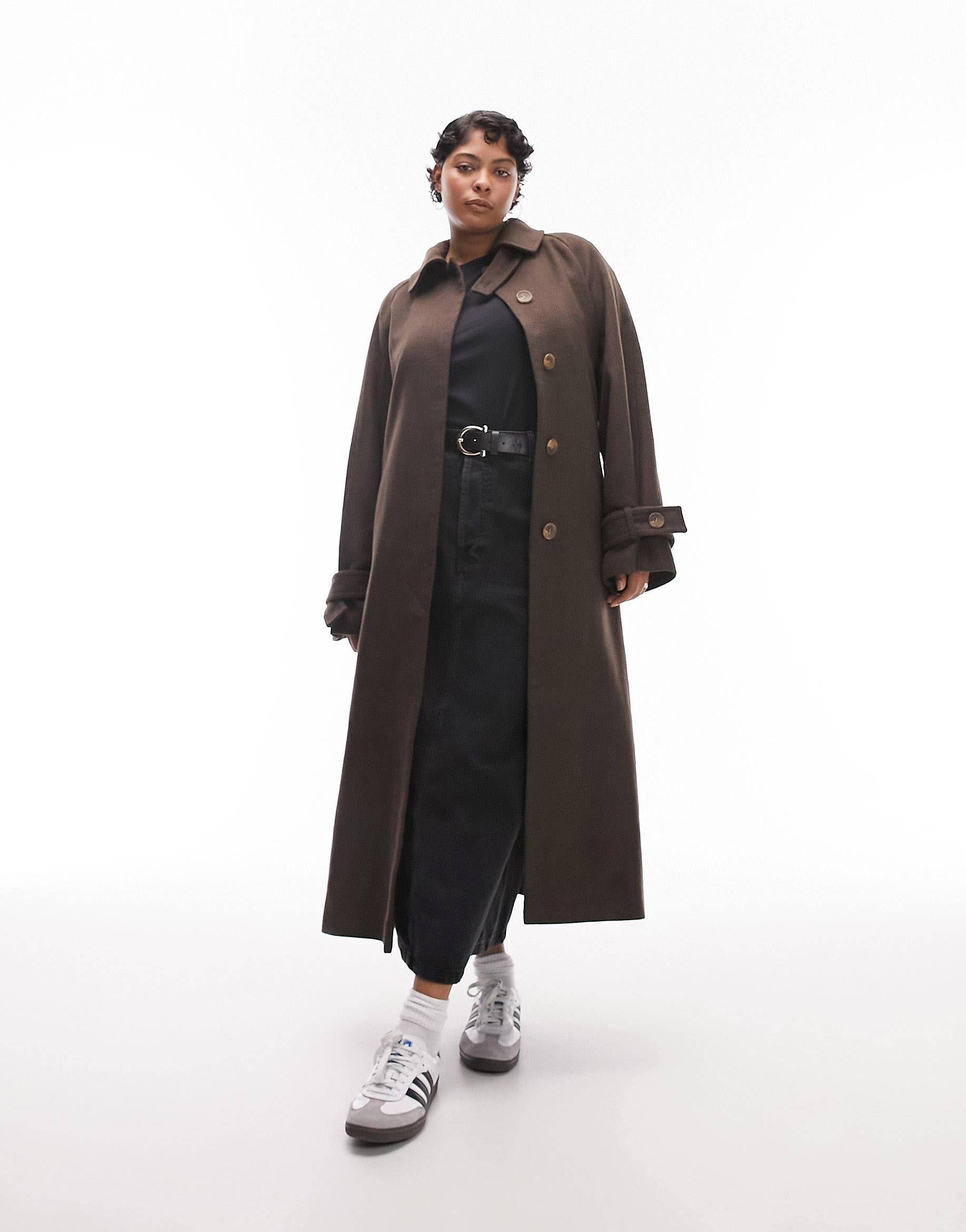 Topshop Curve long-lined belted brushed trench coat in chocolate | ASOS (Global)