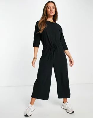 ASOS DESIGN lounge jersey slub tie waist casual jumpsuit in black | ASOS US