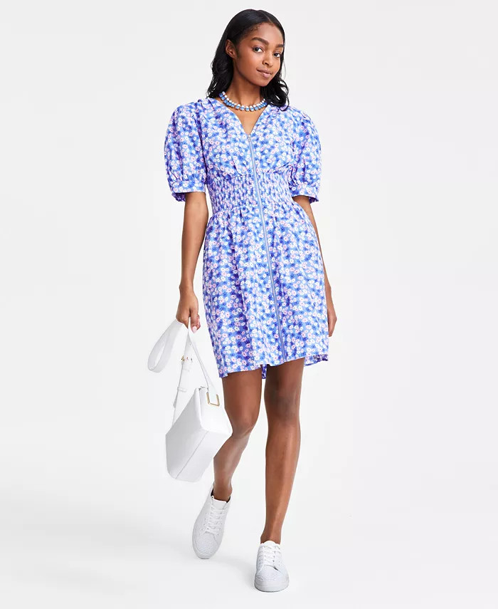 Women's Printed Cotton Zip-Front Puff-Sleeve Dress, Created for Macy's | Macy's