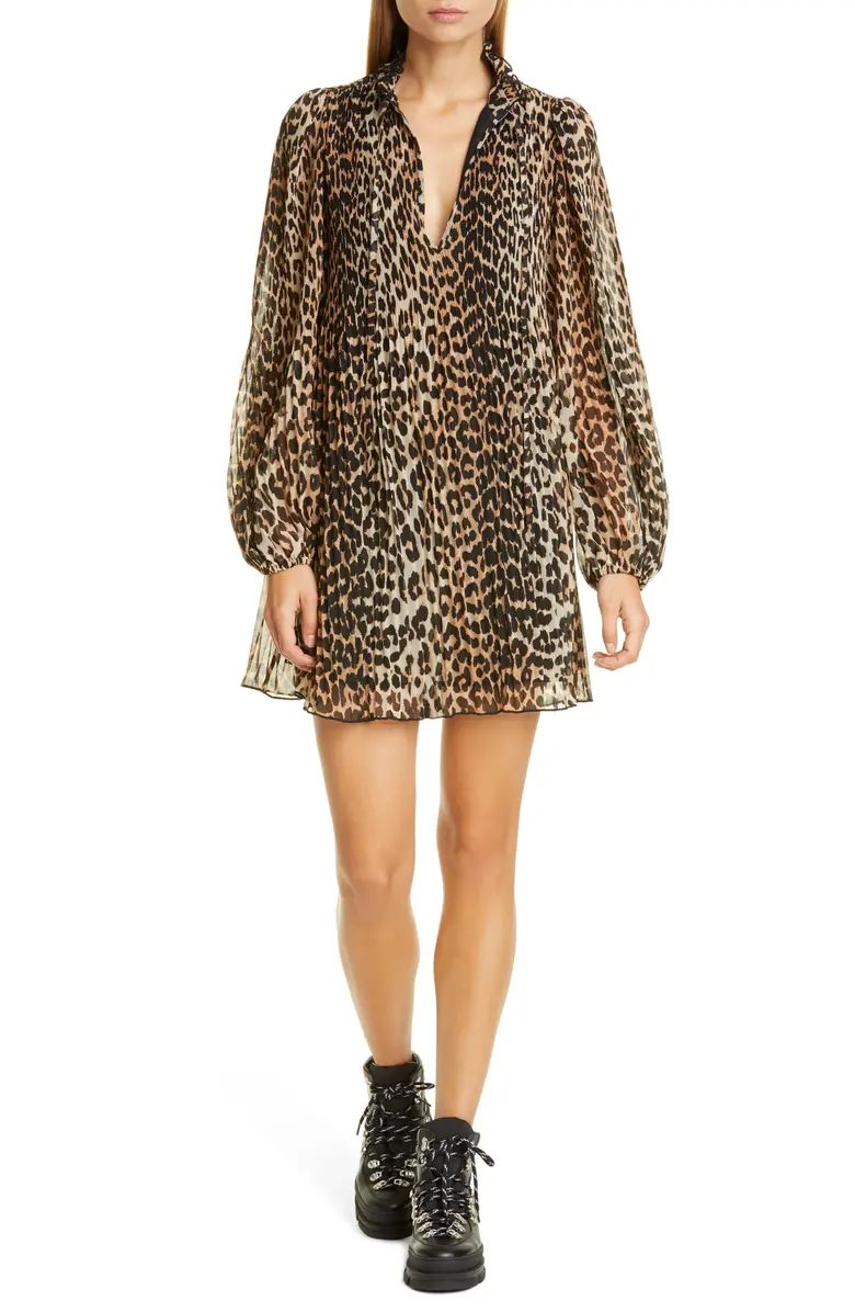 Leopard Print Pleated Georgette Long Sleeve Minidress | Nordstrom