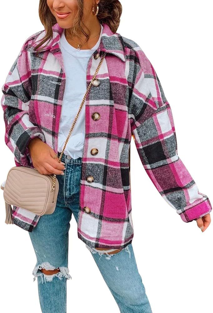 RAMOUG Women Plaid Flannel Lapel Jacket Shirt Shacket Loose Button Down Cardigan | Amazon (CA)