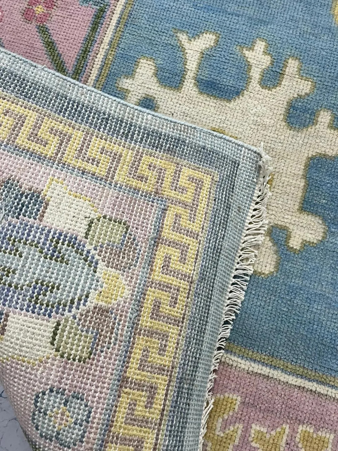 Hand Knotted Wool Oushak Rug | Blue Pink Green Boho Carpet | Etsy (US)