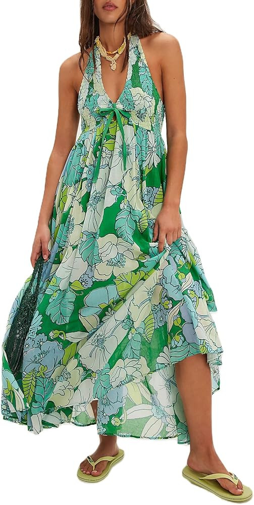 Amiblvowa Women Floral Maxi Dress Sexy Sleeveless Backless A-Line Long Flowy Dress Back Cut Out S... | Amazon (US)
