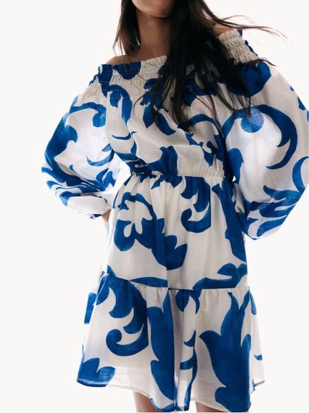 Blue and white patterned off the shoulder dress 

#LTKfindsunder50 #LTKstyletip #LTKSeasonal