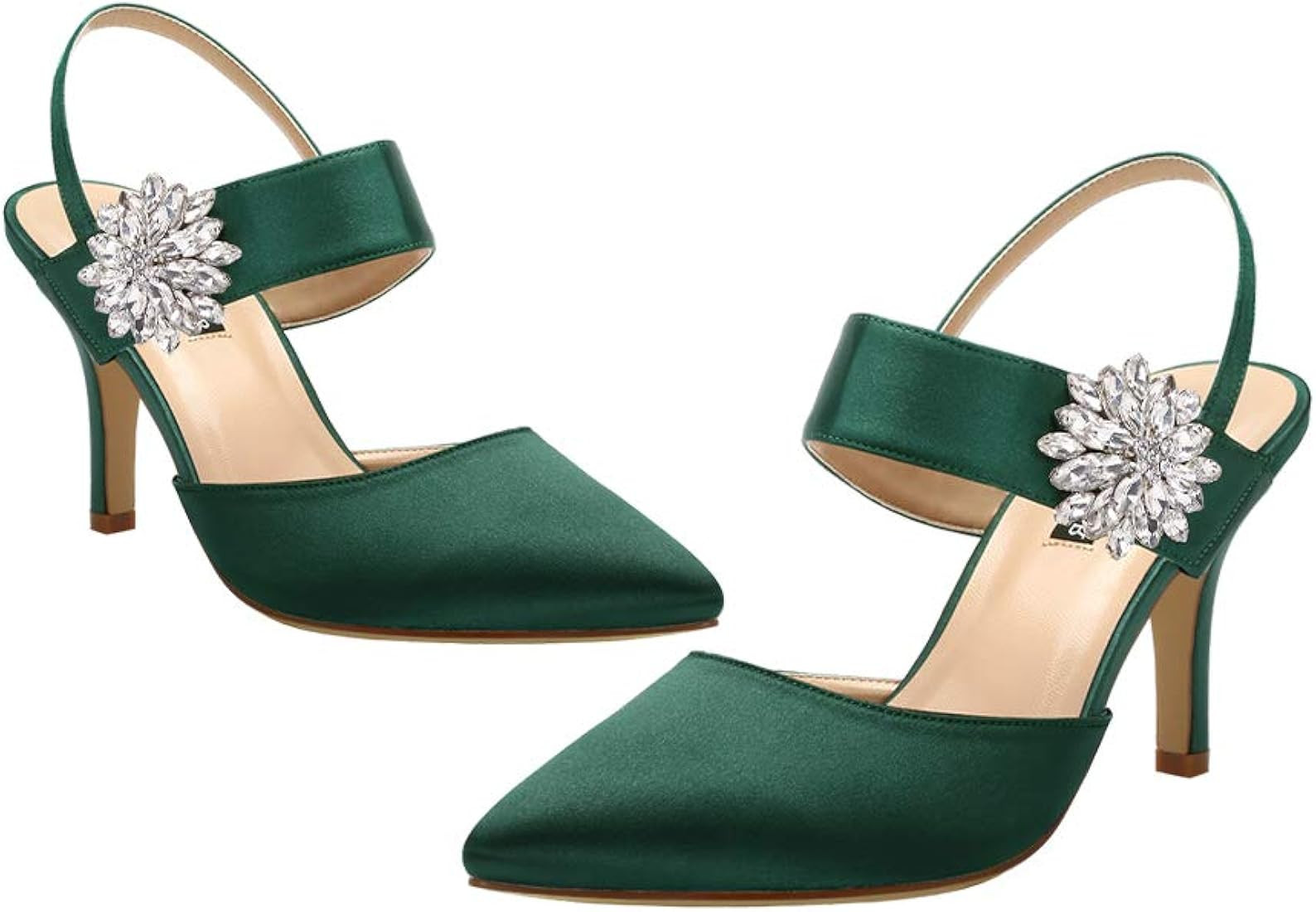 ERIJUNOR Mid Heel Shoes for Women Pointed Toe Slingback Rhinestone Brooch Satin Dress Pumps Evening  | Amazon (US)