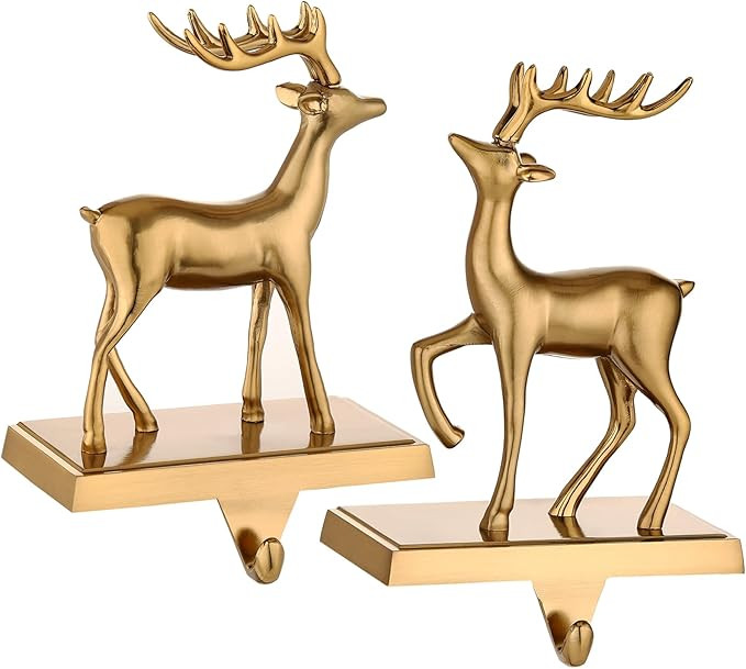 2 Pack 3D Christmas Stocking Holders for Mantle Xmas Reindeer Antique Gold Stocking Holder for Fi... | Amazon (US)
