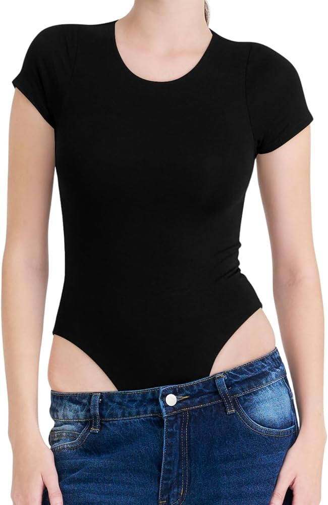 Women's Basic Short Sleeve Bodysuit, Heather Gray, Cotton Blend, Casual Stretch Fit, Round Neck | Amazon (US)