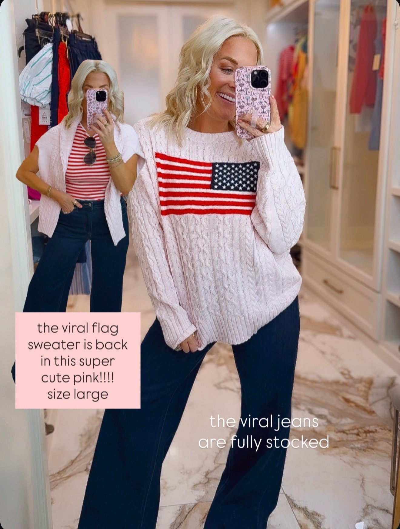 These viral jeans are restocked - size 6
And the flag sweater is back in 4 colors 
size large 