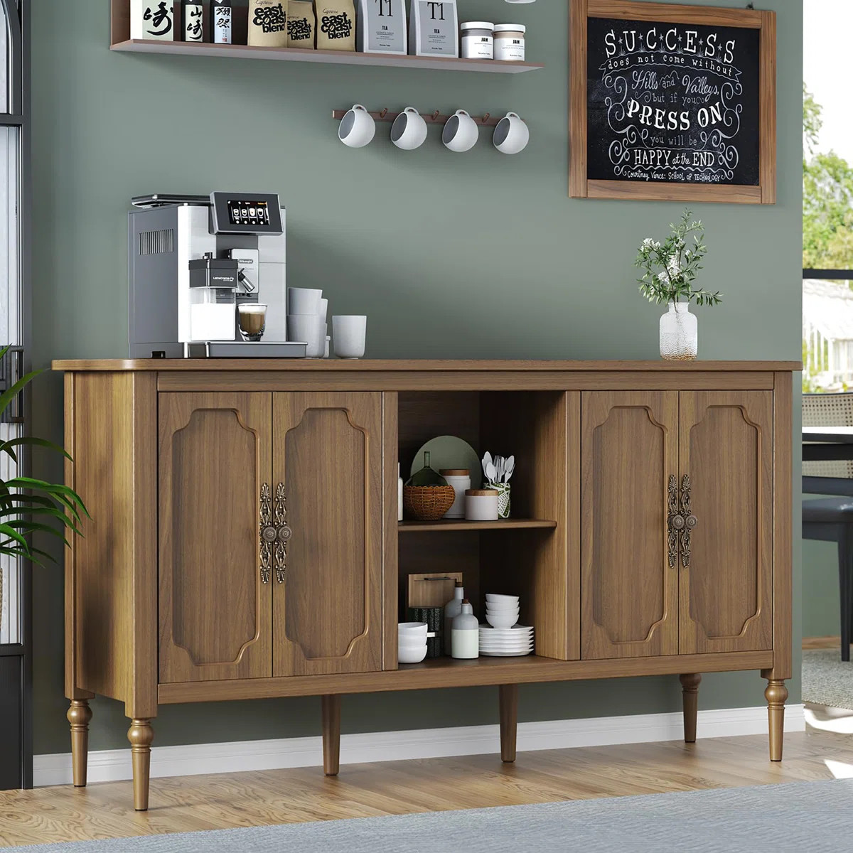 Gurbachan 59-in Vintage four-door cabinet with open shelves | Wayfair North America