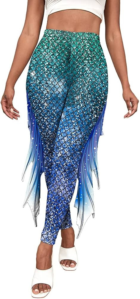 Mermaid Yoga Print Leggings for Women Plus Size Fish Scale High Waisted Pants Halloween Costume T... | Amazon (US)