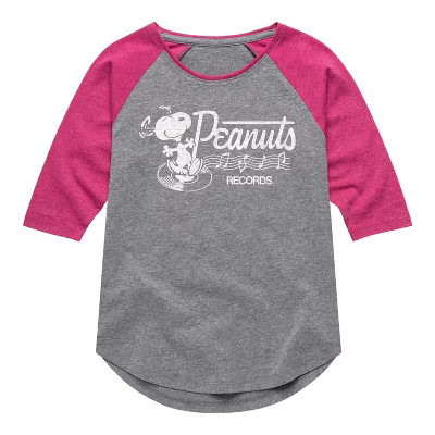 Girls' Peanuts Dancing Snoopy Shirt Tail Raglan Graphic T-shirt - Athletic Heather/Fuchsia - Medium | Target