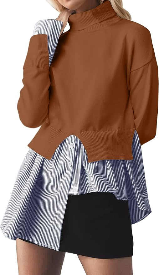 MISSACTIVER Women Slit Turtleneck Patchwork Sweater 2 in 1 Buttons Down Pullover Knit Sweater Asy... | Amazon (US)