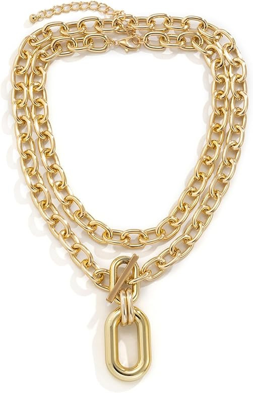 AUDTOPE Chunky Double Layered Heart Choker Necklaces for Women, Gold Plated Silver Chain Punk Thi... | Amazon (US)