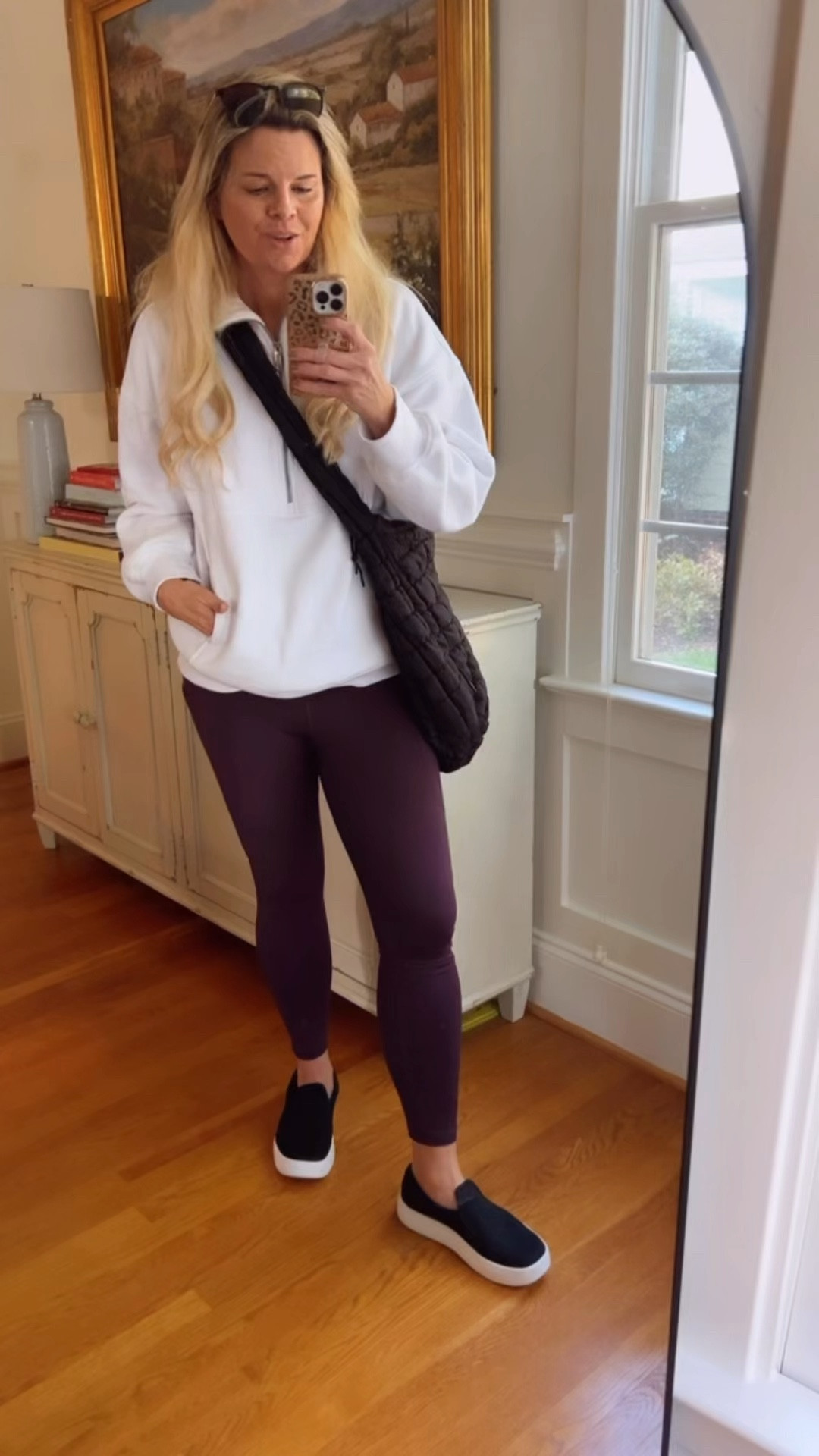 Cozy carpool fall outfit 
Sweatshirt is a size medium 
Leggings are a medium tts 
Shoes are tts for sneakers 
Bag is a large. Also linked a similar bag if this one is sold out in black 

#LTKSeasonal #LTKStyleTip #LTKFitness