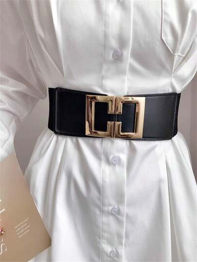 1pc Women's Fashion Simple Belt, Elastic Waist Strap With Symmetrical Gold Buckle Decor, Versatile Waist Cincher Suitable For Daily Outfit, Slimming And Shaping Classic Accessory Summer, School | SHEIN