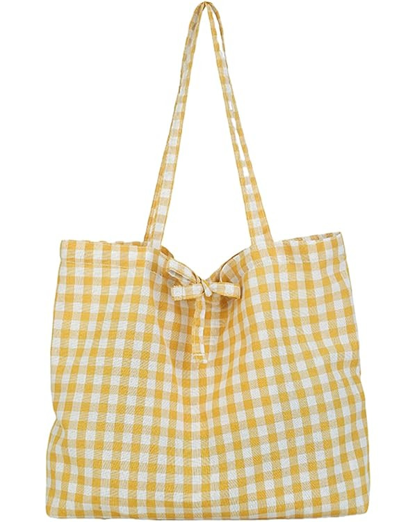 Gingham Tote Bag Vintage Shoulder Tote Lightweight Shoulder Bag Gingham Large Capacity Handbag | Amazon (US)