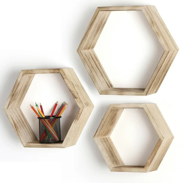 15" Wooden Hexagon Rustic Floating Honeycomb Shelves, Set of 3 Shelves in Light Natural Wood - Wa... | Walmart (US)