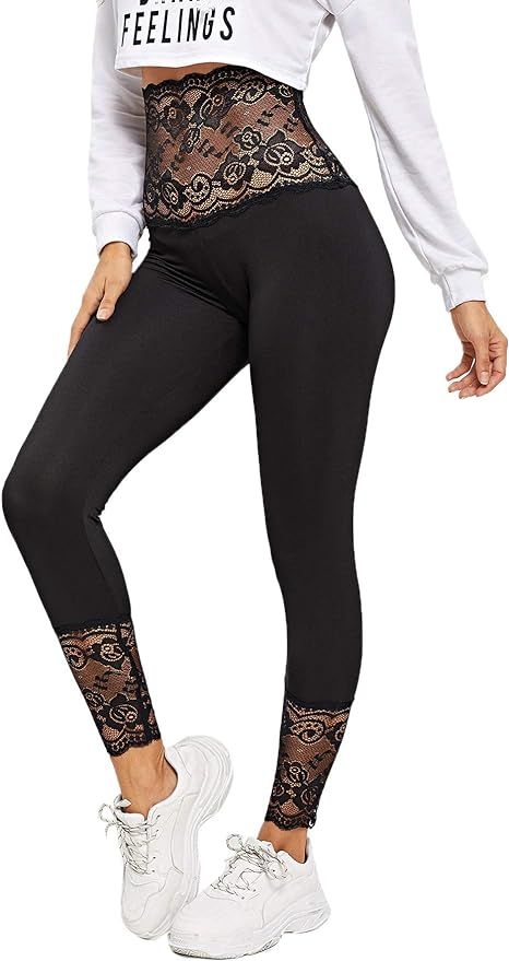 SOLY HUX Women's Sporty Contrast Lace Elastic Waist Leggings Skinny Yoga Running Pants | Amazon (US)