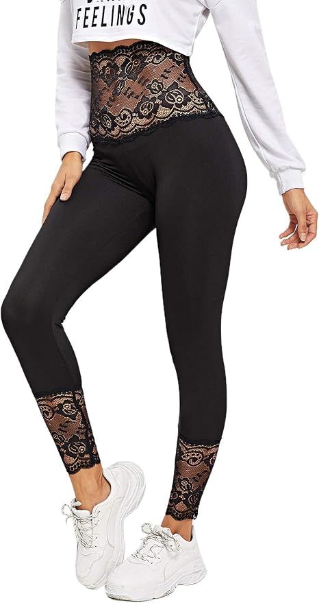 SOLY HUX Women's Sporty Contrast Lace Elastic Waist Leggings Skinny Yoga Running Pants | Amazon (US)