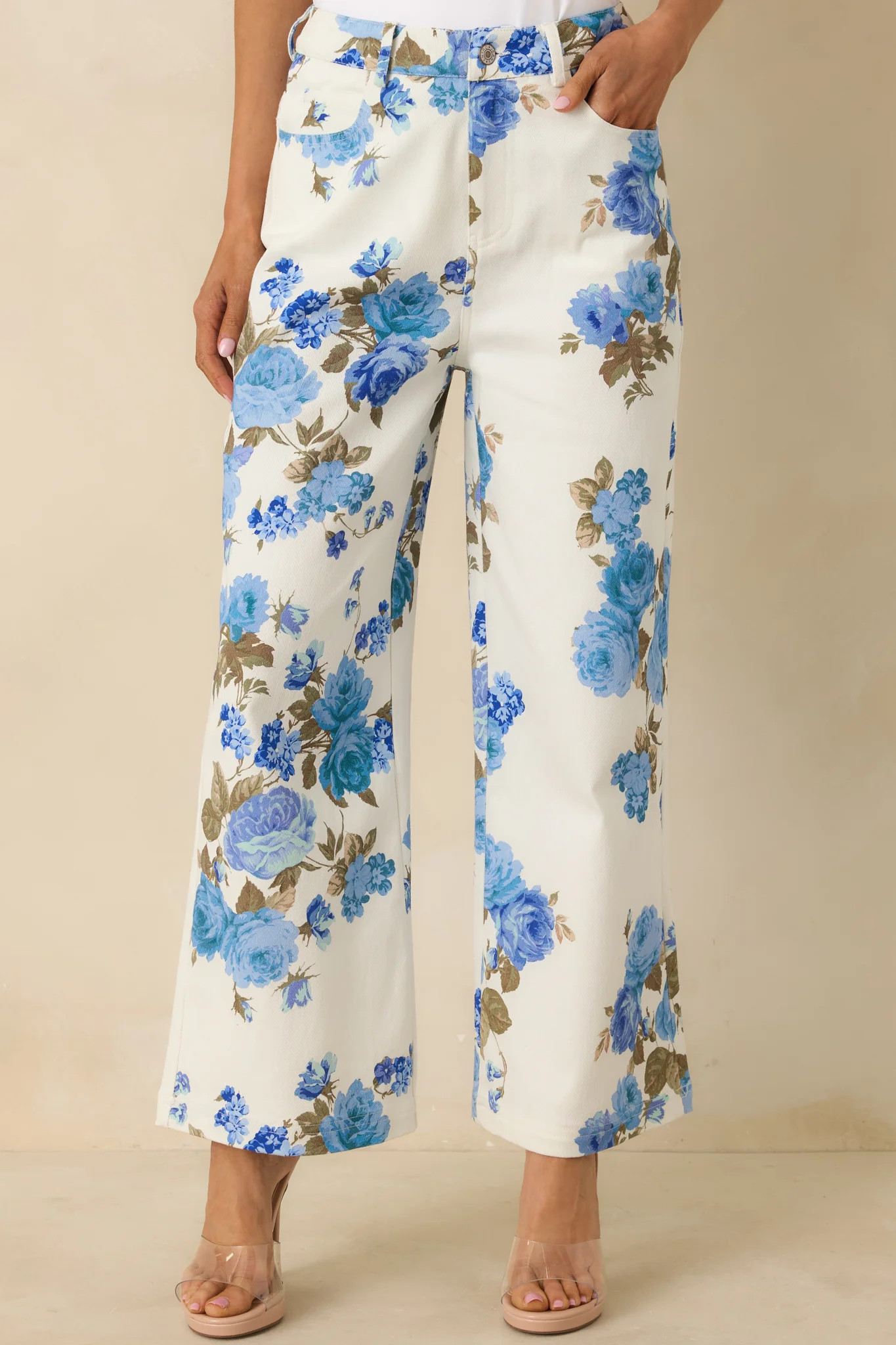 Grace in Motion Blue Floral Print Cotton Wide Leg Pants | Red Dress