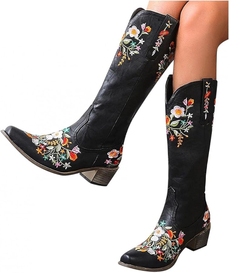 Hbeylia Cowboy Boots For Women Vintage Ethnic Western Cowgirls Boots Flower Embroidered Pointed T... | Amazon (US)