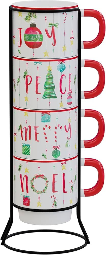 American Atelier 14 Oz Mug Set with Rack (Set of 4) - Stackable Ceramic Mugs, Holiday-Themed Coff... | Amazon (US)