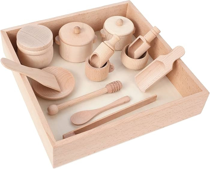 Montessori Sensory Bin Tools Toy with Wooden Box for Toddlers, Pretend Play Dish Toys Wooden Bowl... | Amazon (US)