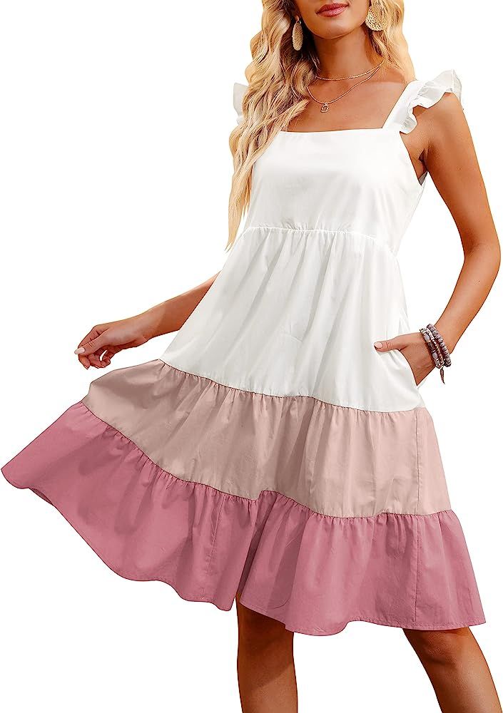 ANRABESS Womens Summer Babydoll Tiered Mini Dress Square Neck Strap Ruffle Sleeve Pleated Swing Tuni | Amazon (US)
