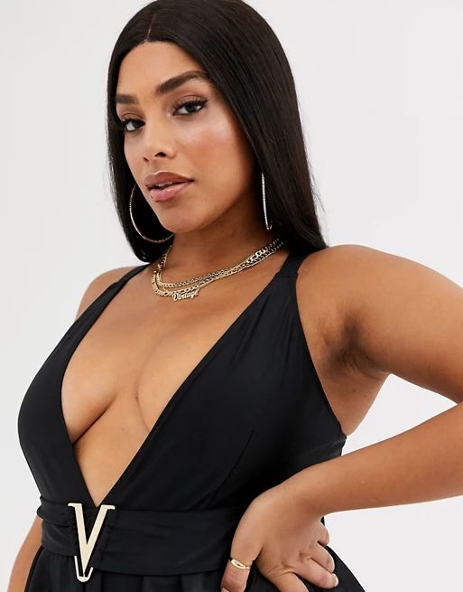 Wolf & Whistle Curve Exclusive Eco peplum swimsuit in black | ASOS (Global)