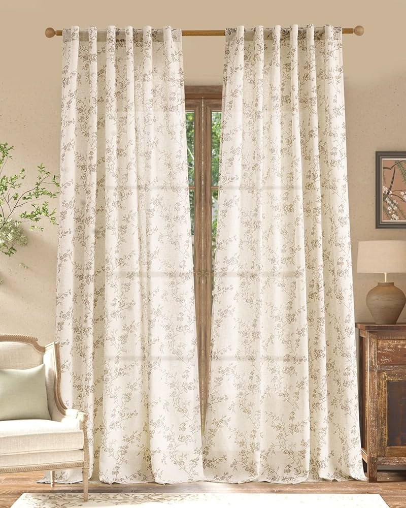 jinchan Linen Floral Curtains for Living Room 96 Inch Length Taupe Printed Curtains Back Tab Fren... | Amazon (US)