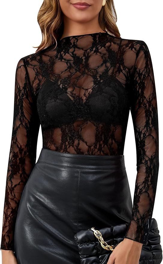 KTILG Womens Mesh Long Sleeve Top Sheer Blouse Sexy See Through Tee Shirt Lace Tops S-XXL | Amazon (US)