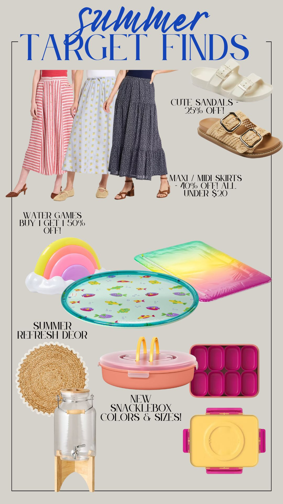 ☀️ My Favorite Target Summer Finds Right Now ☀️

Target is seriously delivering this summer—easy, affordable pieces that make everyday life feel a little more put together without trying too hard. 🤍

I’ve been loving how simple it is to grab warm-weather staples that work for everything from errands to pool days to casual nights out.

✨ A few of my favorite finds:
✔️ Easy summer maxi skirts
✔️ Fun outdoor toys for the kids
✔️ Comfy sandals + slides
✔️ Cute home decor
✔️ Neutral home + patio decor
✔️ Kid-friendly summer essentials

These are the kind of pieces you actually reach for on repeat all season long.

🛍️ Shop all my Target summer favorites through my LTK link!

#LTKStyle #LTKFinds #TargetStyle #TargetFinds #SummerStyle #SummerOutfits #AffordableFashion #MomStyle #CasualChic #EverydayStyle #LTKFashion #WardrobeEssentials #SummerWardrobe #StyleInspo #OOTD #BudgetFriendlyStyle #SummerFashionFinds #EasyStyle #MomLifeStyle 

 #LTKmomlife #LTKSeasonal #LTKActive