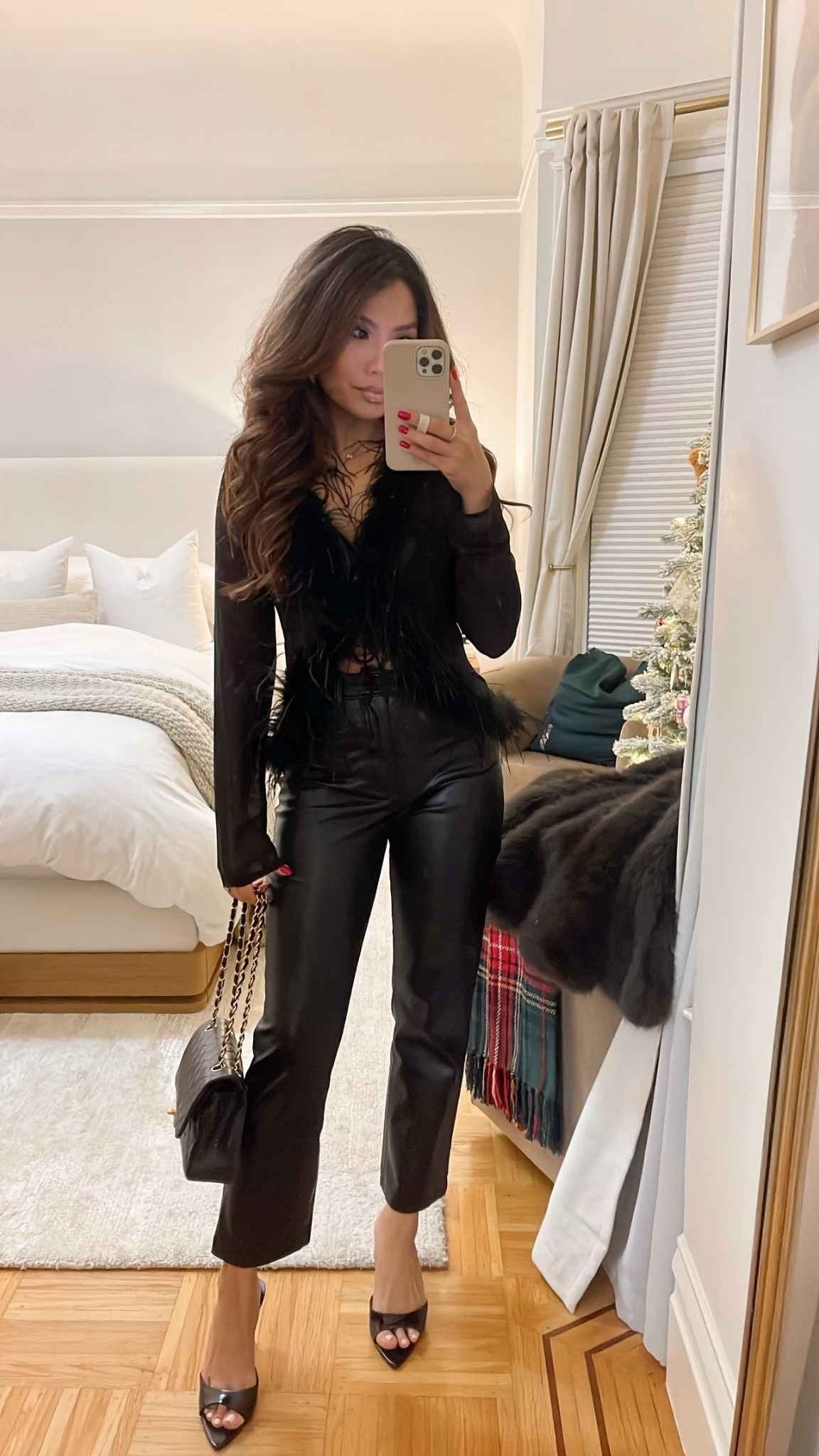 Ootn for Curtis birthday dinner 🖤finally found a look for less for the $450 feather sheer top I wanted!

Sizing:
Top - tts, xs
Bralette - small
Pants - old style linked similar from Abercrombie
Heels - tts

#LTKHoliday #LTKPetite #LTKFindsUnder100